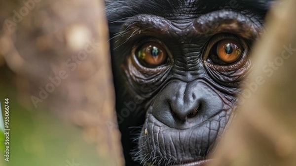 Fototapeta  A monkey's face, eyes wide, peeks out from behind a tree in this close-up view