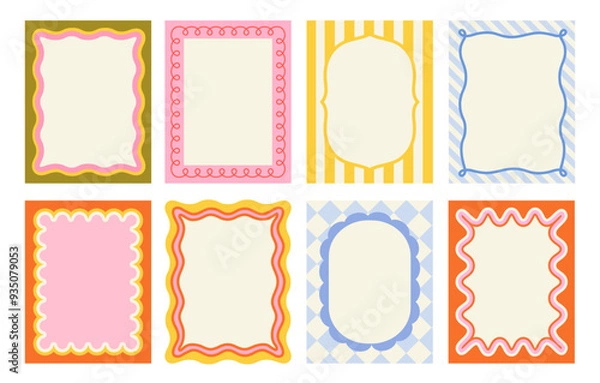 Fototapeta Set of frames with wavy edges. Trendy doodle borders with geometric patterns and curved shapes. Abstract design elements for invitations. Flat vector illustration collection isolated on background