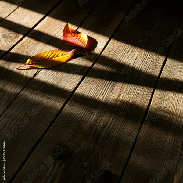 Obraz 나무 마루 바닥에 떨어진 낙엽, 가을이 느껴지는 풍경