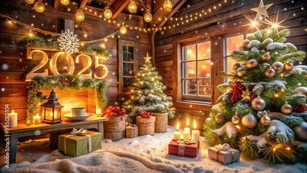 Fototapeta Charming wooden cabin decorated with Christmas lights, nestled in a snowy winter landscape. A beautifully lit Christmas tree stands in front, surrounded by snow-covered trees, creating a cozy and magi