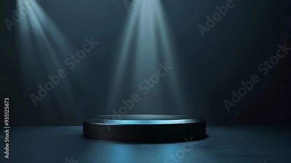 Fototapeta Empty dark product black idea pedestal lab effect blue spotlight on a bright display podium background