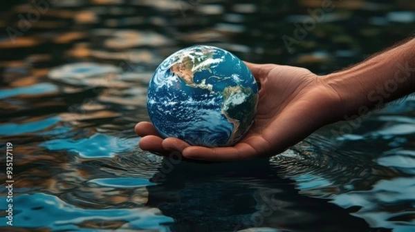 Fototapeta Hand Holding Earth Above Calm Water with a Shimmering Reflection. The Scene Symbolizes Environmental Stewardship, Global Responsibility, and the Fragility of Our Planet