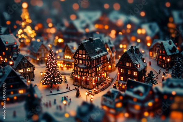 Fototapeta A magical Christmas scene in an old town, with festive lights captured in tilt-shift photography, creating a charming, enchanting atmosphere.