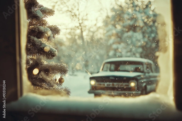 Fototapeta A parked vehicle seen through a frosty window in winter, capturing the nostalgic feel of coming home for Christmas.
