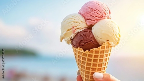 Obraz Close-up of a waffle cone with scoops of chocolate, vanilla, and strawberry ice cream melting on a sunny day.