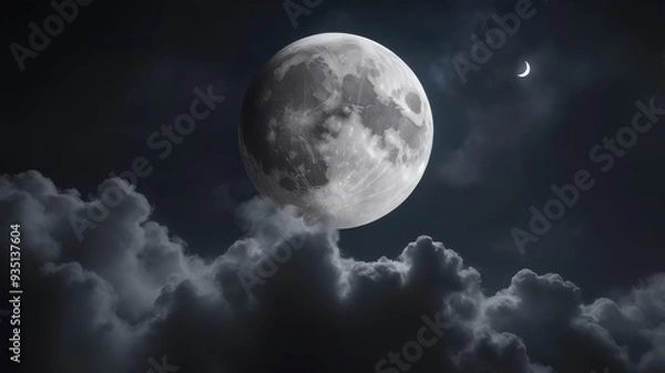 Fototapeta Dark sky with close-up waxing crescent moon