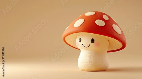 Obraz A playful 3D cartoon mushroom with a big smile, standing on a light brown background, symbolizing earthiness and fun.