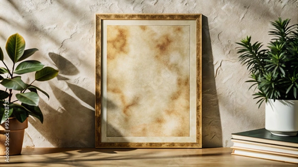 Fototapeta A textured, empty frame leans against a warm, sunlit wall. Nearby, lush green plants and a stack of books enhance the cozy atmosphere, inviting creativity