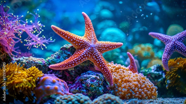 Fototapeta A group of starfish resting on a coral reef