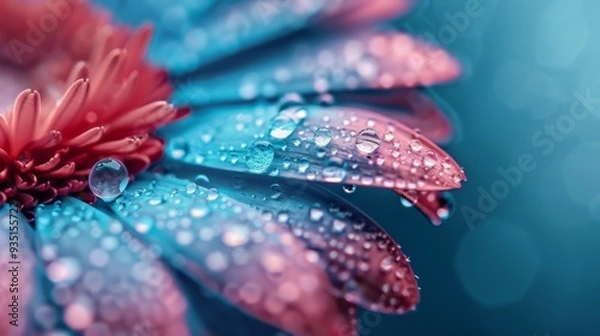 Fototapeta  A macro shot of a flower, petals speckled with water droplets, background softly blurred