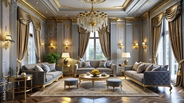 Fototapeta Silky gray curtains adorned with gold accents evoke a luxurious and refined atmosphere, exuding sophistication and elegance.