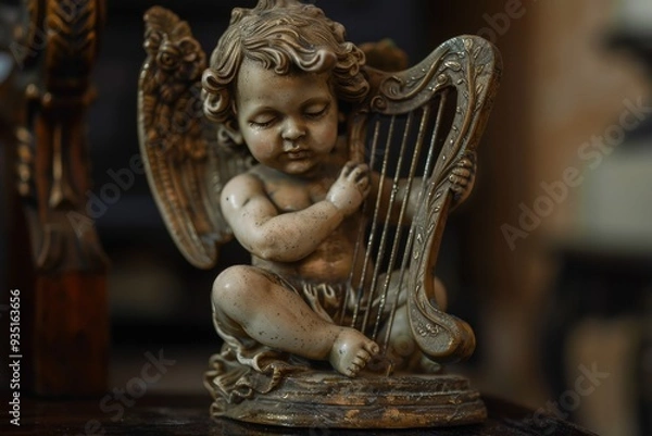 Fototapeta An artistic representation of a baby with a harp, highlighting the beauty of childhood and the joy of music, A small cherub playing with a tiny harp, AI generated