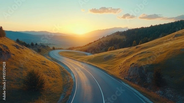 Obraz road in mountainous area at sunset. View from above