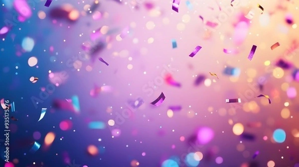 Fototapeta Dazzling Carnival Banner with Confetti and Lights on Plain Color Background
