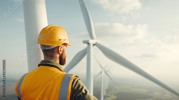 Fototapeta Engineer Observing Wind Turbine, Symbol of Renewable Energy and Sustainable Development, Focus on Green Technology and Environmental Innovation, Clean Energy Production in Industry, Power Generation.