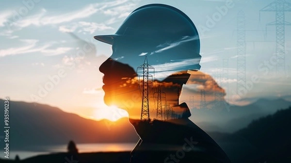 Fototapeta Double Exposure of Engineer with Hard Hat and Power Lines, Symbolizing Energy Industry and Infrastructure, Merging Human Expertise with Technology, Concept of Innovation and Development in Renewable.