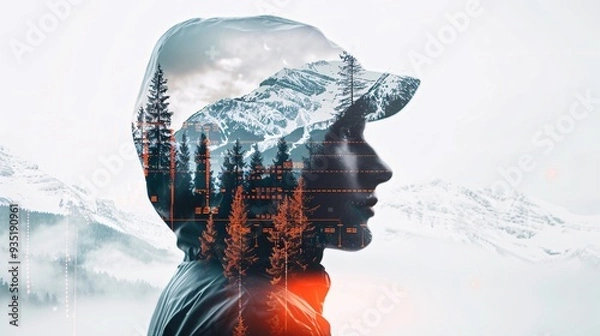 Fototapeta Double Exposure Silhouette of Man with Forest Landscape, Artistic Blend of Human and Nature, Concept of Mindfulness, Connection with the Environment, Harmony Between Inner Self and Natural World.