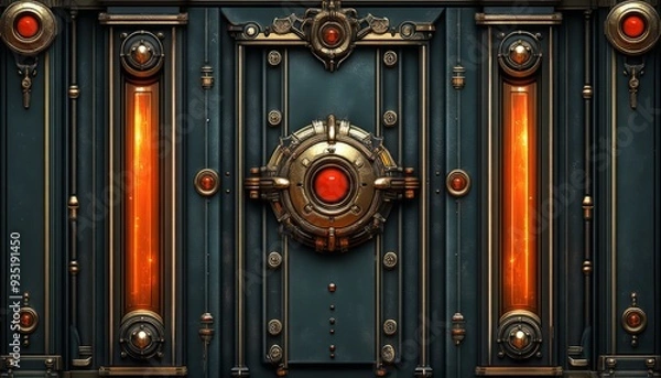 Fototapeta Ornate Metal Door with Glowing Orange Tubes