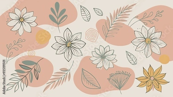 Fototapeta Abstract Floral Pattern with Flowers  Leaves  and Geometric Shapes