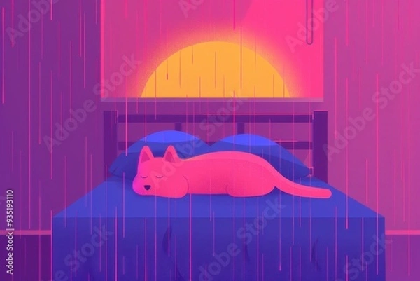 Fototapeta Cozy Dreamy Night, A peaceful puppy rests in a colorful bedroom under a full moon, raindrops on the window, creating a soothing, whimsical nighttime atmosphere.
