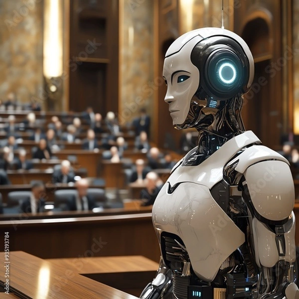 Fototapeta Artificial intelligence standing before an EU committee in a courtroom, modern tech environment, formal legal attire, high-stakes legal scene.
