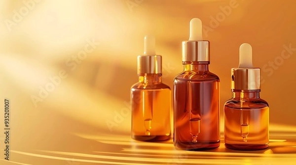 Fototapeta Glass bottles with pipette injectors holding oil for cuticle and nail care on an amber backdrop