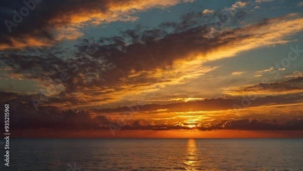 Fototapeta Seaside shores evening view with sun on a beautiful orange sunset, oceanic view under clear sky full of different shaped clouds