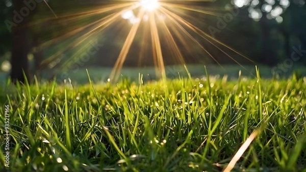 Obraz Sunlight shine from top of landscape close-up view of grass on ground, fresh morning summer vibe image, nature and plants