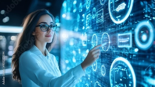 Fototapeta Woman Interacting with Futuristic Interface