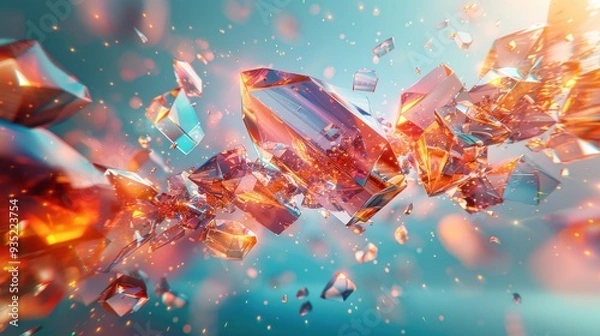 Fototapeta Tumbling cracked prism pattern, pale turquoise background, broken shards and colorful light effects, sleek and vibrant.