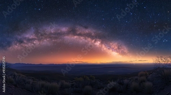 Fototapeta A stunning panoramic view of the Milky Way galaxy over a serene landscape at dusk.