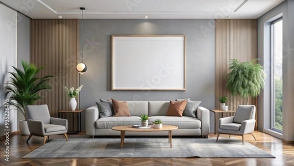 Fototapeta Minimalist living room with large square mock-up, modern elegance, minimalist, living room, accentuated, large, square, mock-up