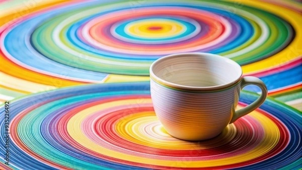 Fototapeta A delicate ceramic cup sits atop a vibrant paper template with colorful circles and lines, waiting to be transformed into a unique design.