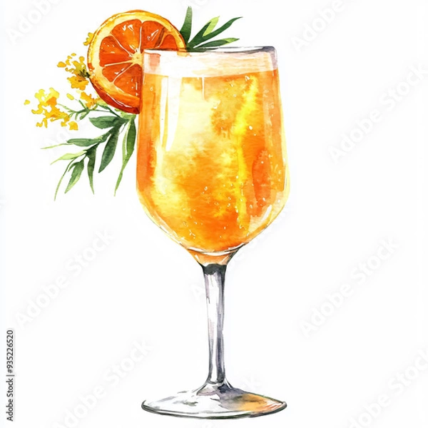 Fototapeta Orange cocktail with mimosa flower and sliced ​​orange,leaves and mimosa flower. on a white background.[A-0003]