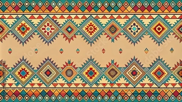 Fototapeta Colorful seamless Aztec pattern with geometric shapes on beige background, Aztec, colorful, seamless, pattern