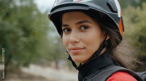 Fototapeta A woman wearing a helmet and a red jacket. She is smiling and looking at the camera. Concept of confidence and adventure