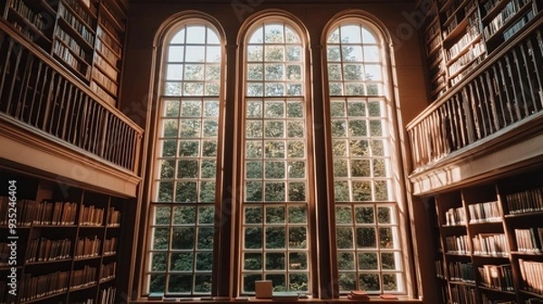 Fototapeta Sunlit Serenity: A tranquil library interior bathed in sunlight through towering windows, illuminating the shelves of books.