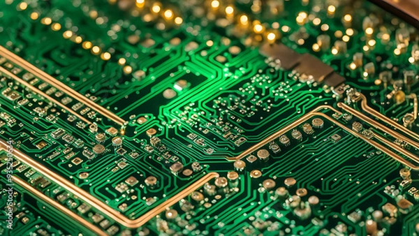 Fototapeta Close-up of a copper circuit trace on a PCB with tiny components like resistors and capacitors, illuminated by soft ambient lighting.