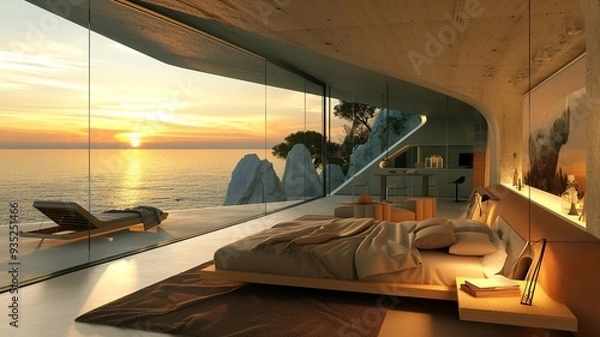 Fototapeta A wonderful bedroom with an amazing view. Luxury and peace in one. Generated by AI