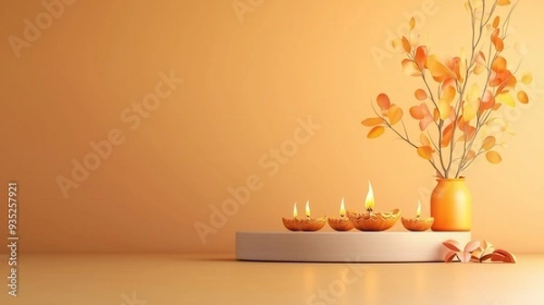Fototapeta Serene display of diya lamps and autumn leaves in a warm setting, perfect for festivals and ambiance decoration.