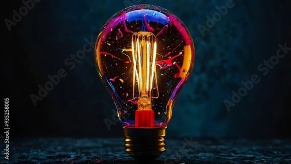 Obraz Creative light bulb colorful design on black dark background abstract illustration