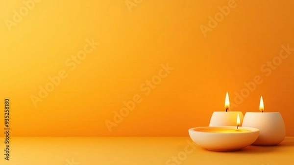 Obraz Two beautiful candles glowing on a warm orange background, creating a serene and calming atmosphere for relaxation or meditation.