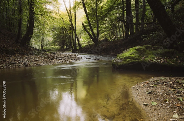 Fototapeta autumn sunset on forest river