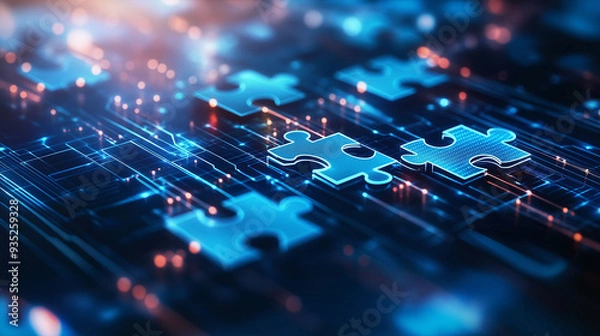 Fototapeta Digital puzzle pieces interlocking seamlessly, glowing against a futuristic blue abstract background, symbolizing the concept of API integration and seamless connectivity