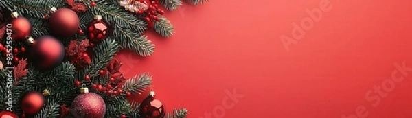 Fototapeta Festive Christmas background with pine branches, red ornaments, and berries on a vibrant red backdrop, perfect for holiday themes.