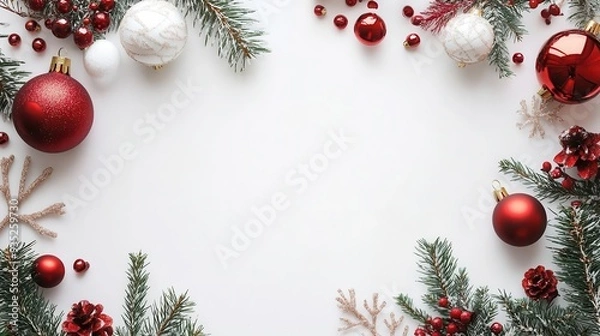 Fototapeta Festive Christmas border with ornaments, pine cones, and fir branches on a white background, perfect for seasonal greeting cards.