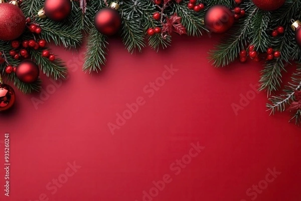 Fototapeta Festive holiday background with Christmas ornaments on pine branches against a red backdrop, perfect for seasonal greetings or invitations.