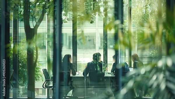 Obraz A photograph of business people in an office meeting room, with green plants and trees visible outside the window.