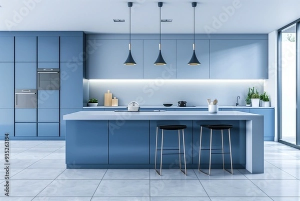 Fototapeta Minimalist blue kitchen with an island, featuring a modern design and white tiles.