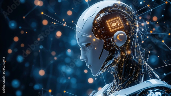 Fototapeta 3D rendering of the head of an AI robot with glowing eyes and intricate circuitry visible in the background